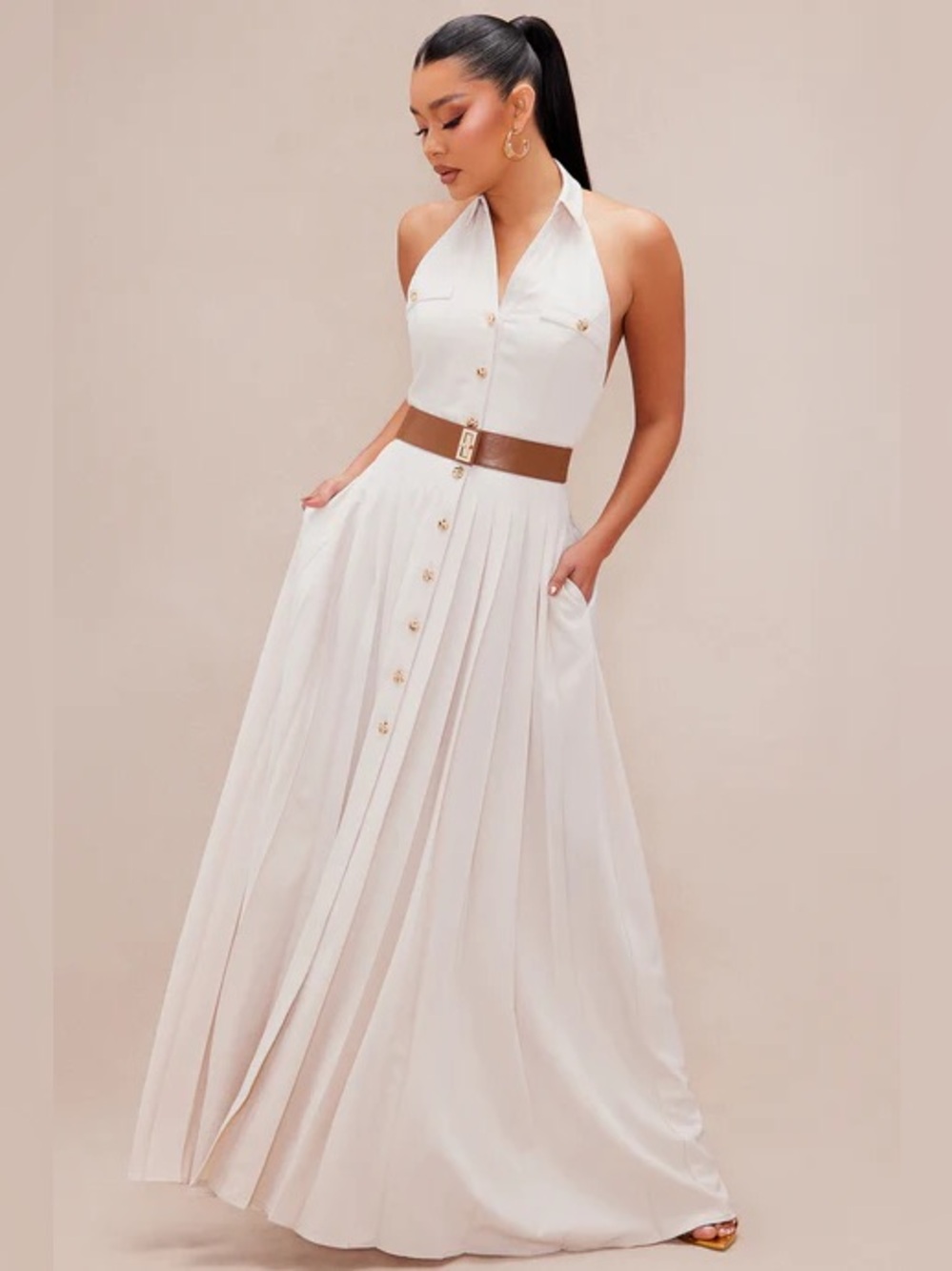 Beige ‘Maya’ Maxi Dress with Brown Belt - NWT